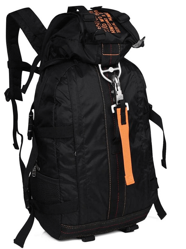 Lightweight Tactical Travel Rucksack SF0451 in black with orange accents, featuring multiple pockets and adjustable straps for hiking.
